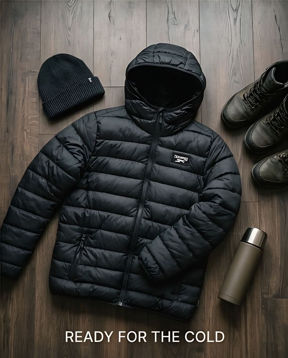 Reebok შავი პუფერ ჟაკეტი კაპიუშონით